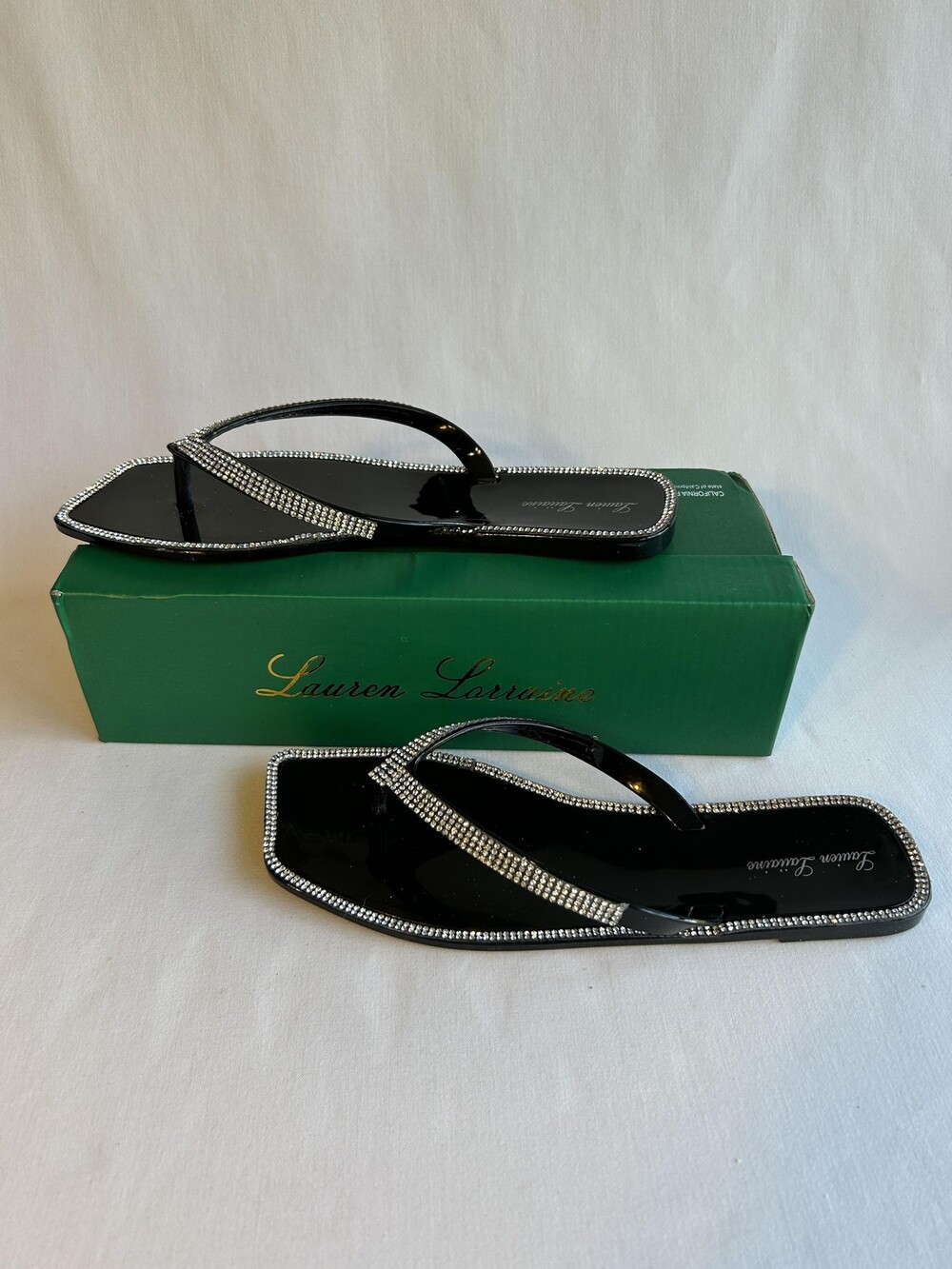 Womens Shoes Size 8 Lauren Lorraine Tampa Black Rhinestone Flip Flop Sandals